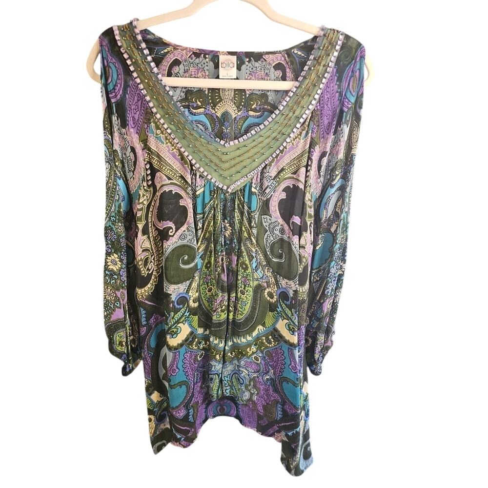 Bila Paisley BOHO Long Sleeve Cold Shoulder‎ Lightweight Dress Blouse Size L